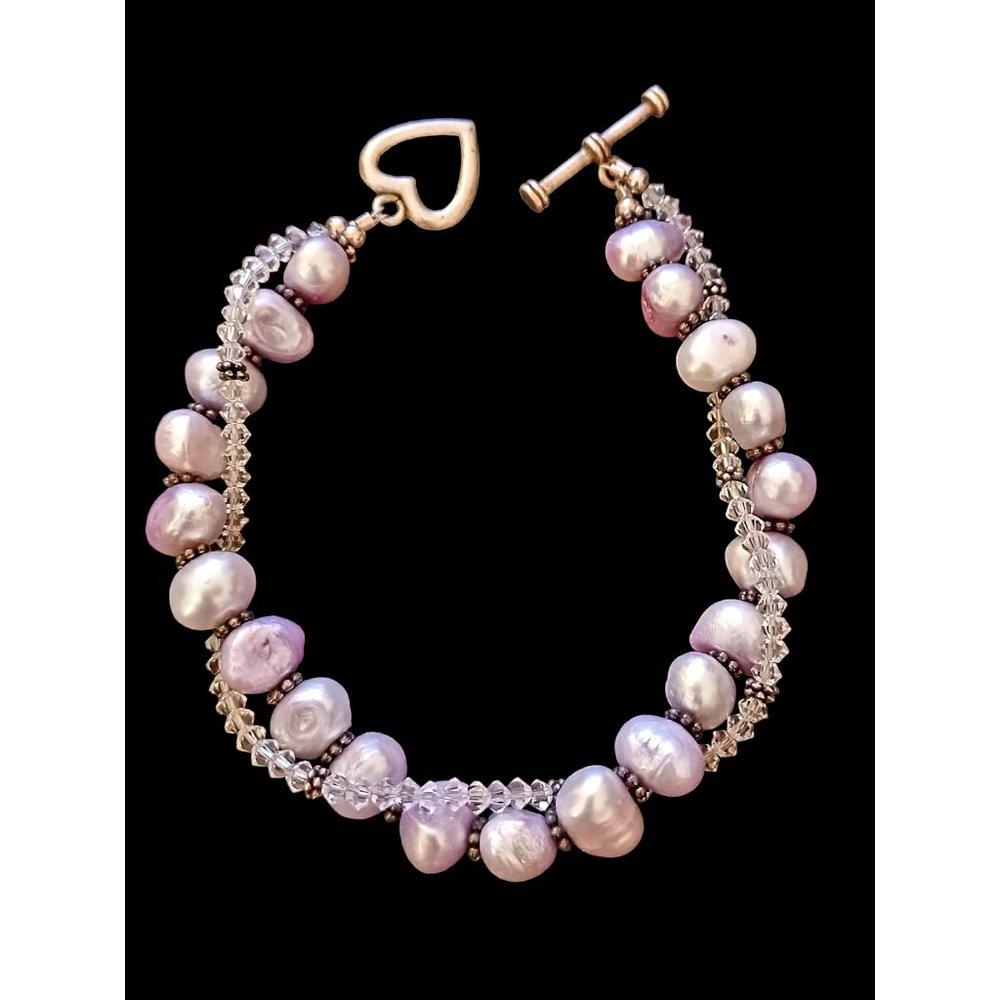 925 Sterling Silver Natural Pearl Glass And Silver Bali Bead Bracelet 8.5"
